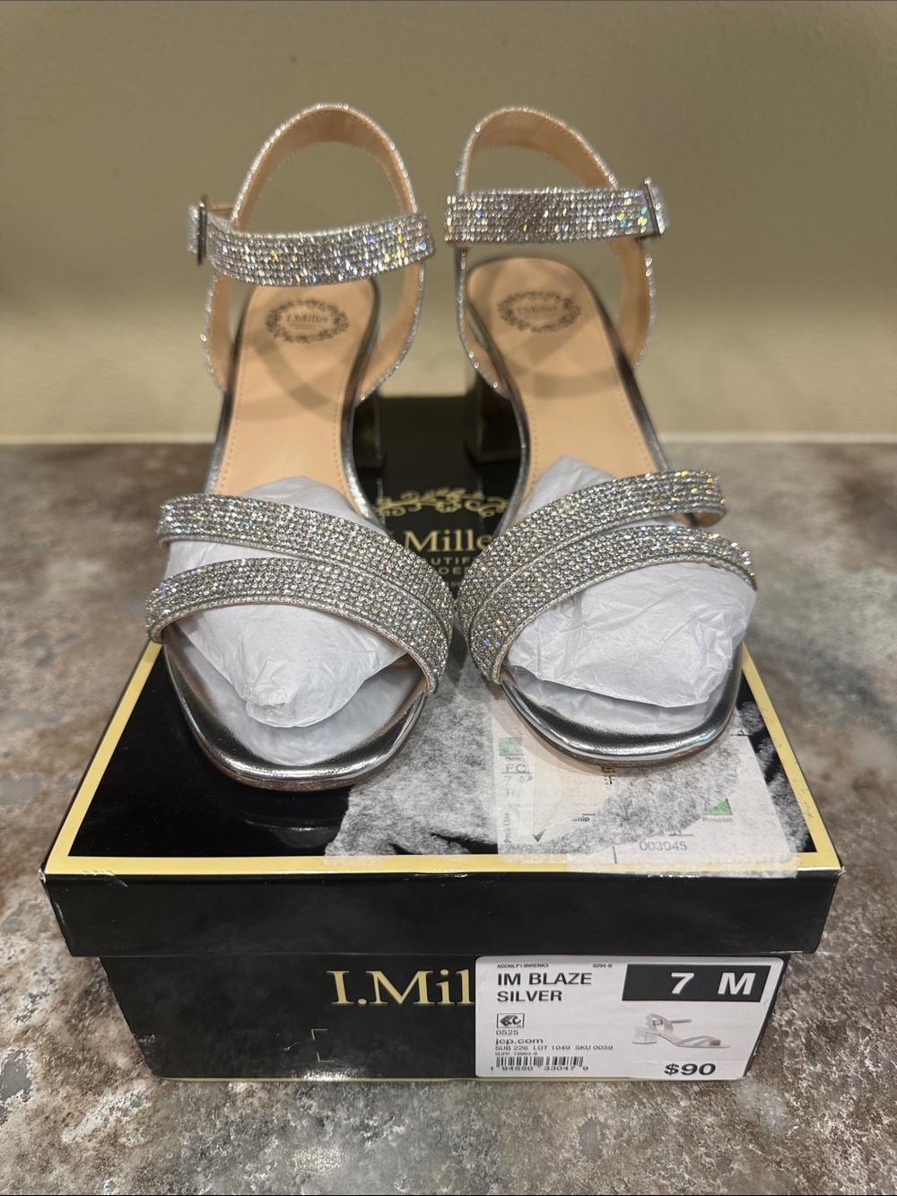 I.Millie Blaze Silver Crystal-Strap Mid Heel Sandals